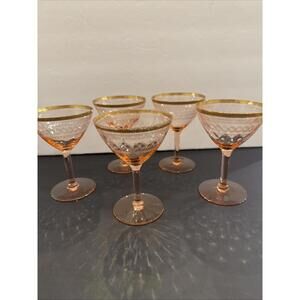 (5) Vintage Pink Diamond Pattern With Etched Depression Sherbet/Champagne Gold